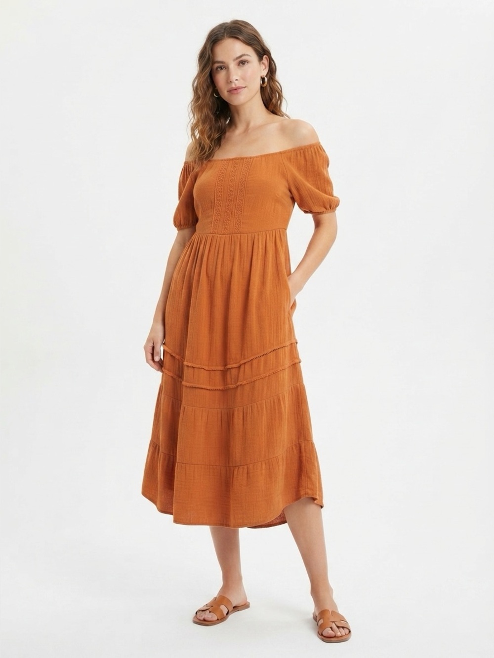 J.Gee Rust Boho Maxi Dress Puff Sleeve Smocked Back Tiered Empire Waist M